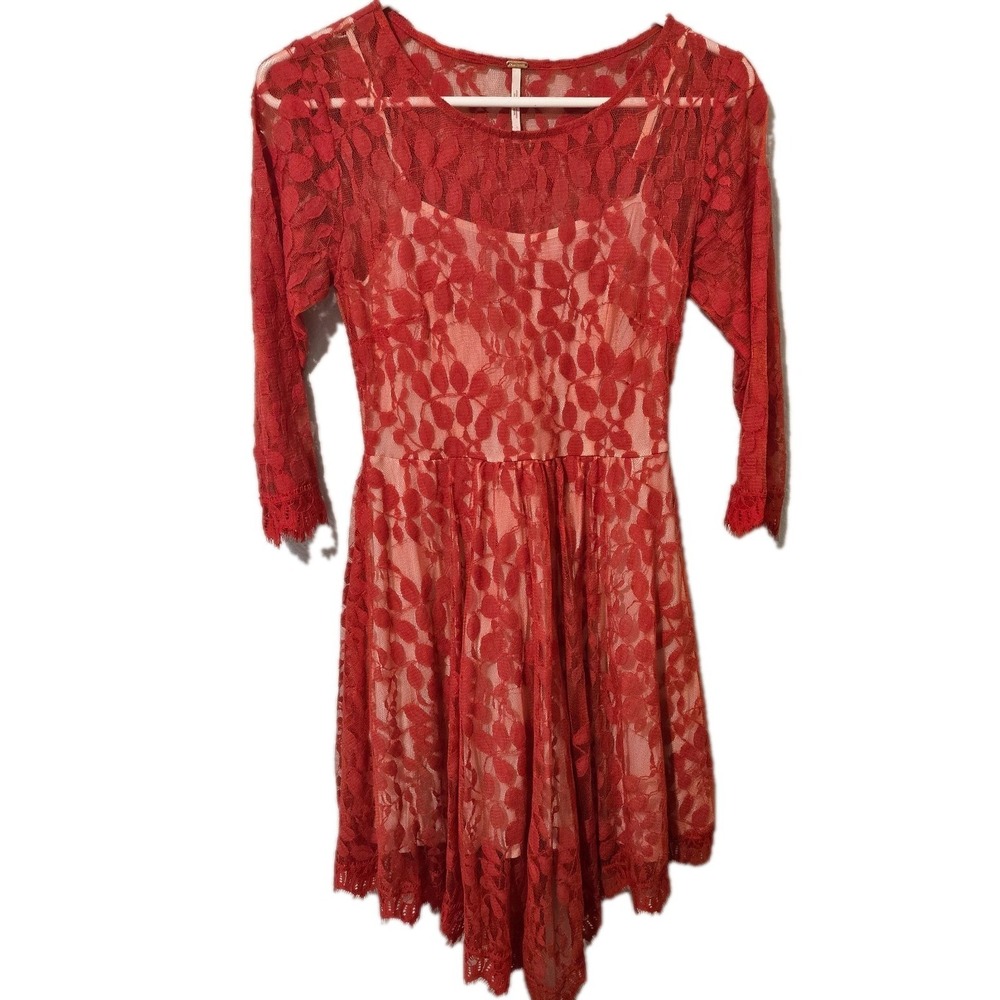 Free People Floral Mesh Layered Lace Dress Red 3/4 Sleeve Side Zipper Size 0